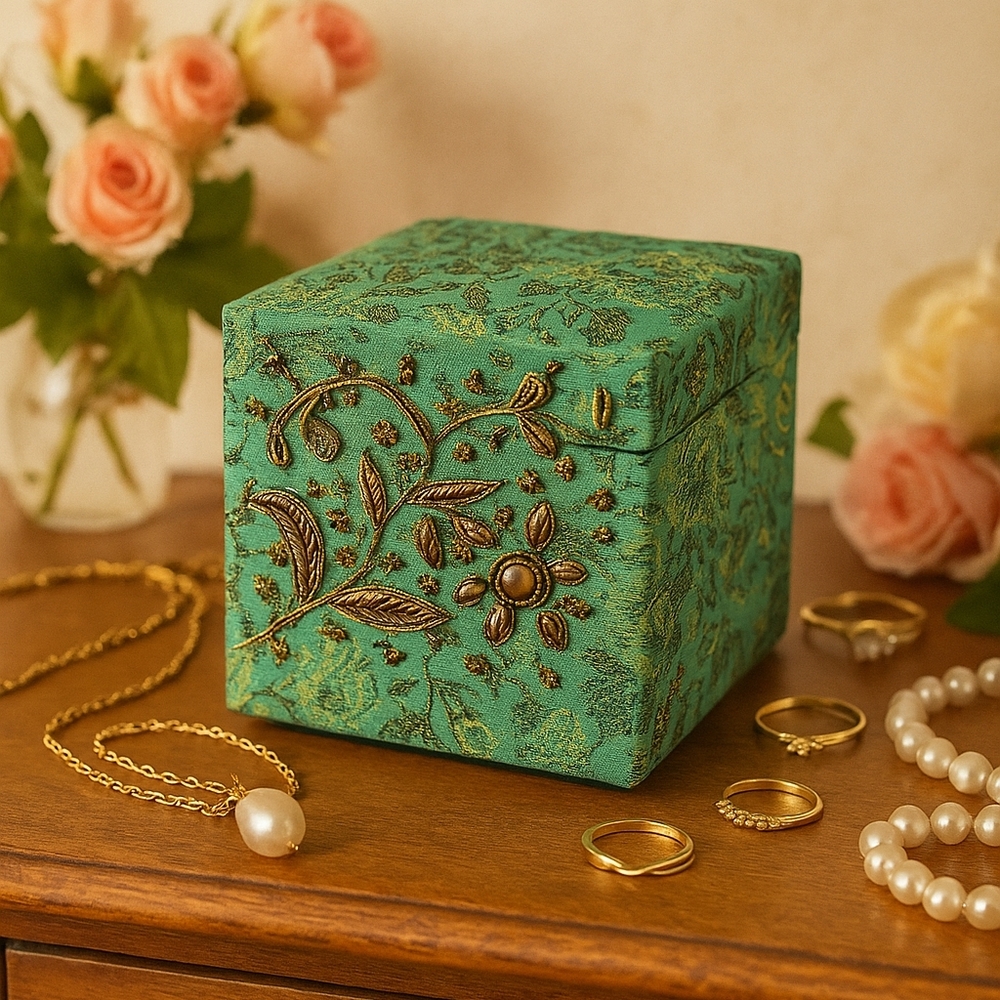 Vintage Embroidered Green Brocade Jewelry Trinket Box 4.5”x4.5"x4.5" Romantic Et